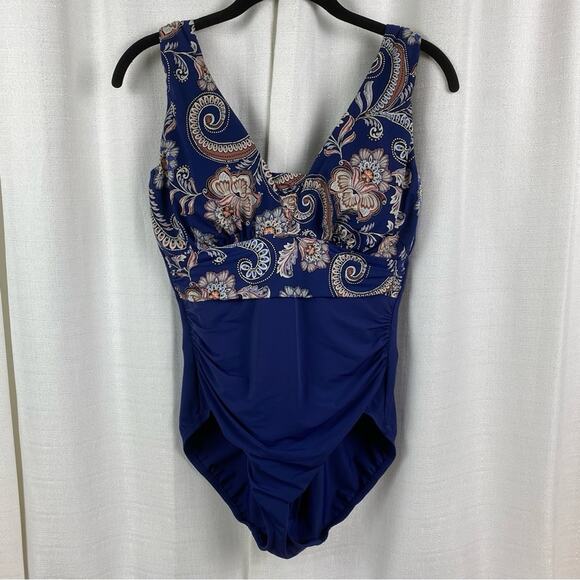 Lands End Blue Floral Slendersuit Grecian Tummy Control One Piece Swimsuit Sz.10 - Picture 5 of 16